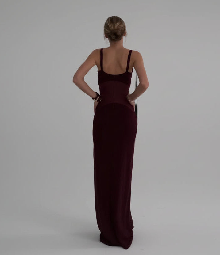 Burgundy Mesh Patchwork Suspender Dress