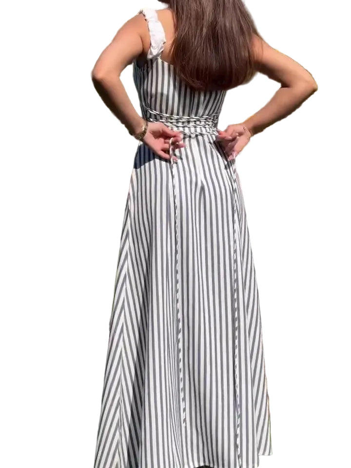 Elegant Striped Tie Slit Dress