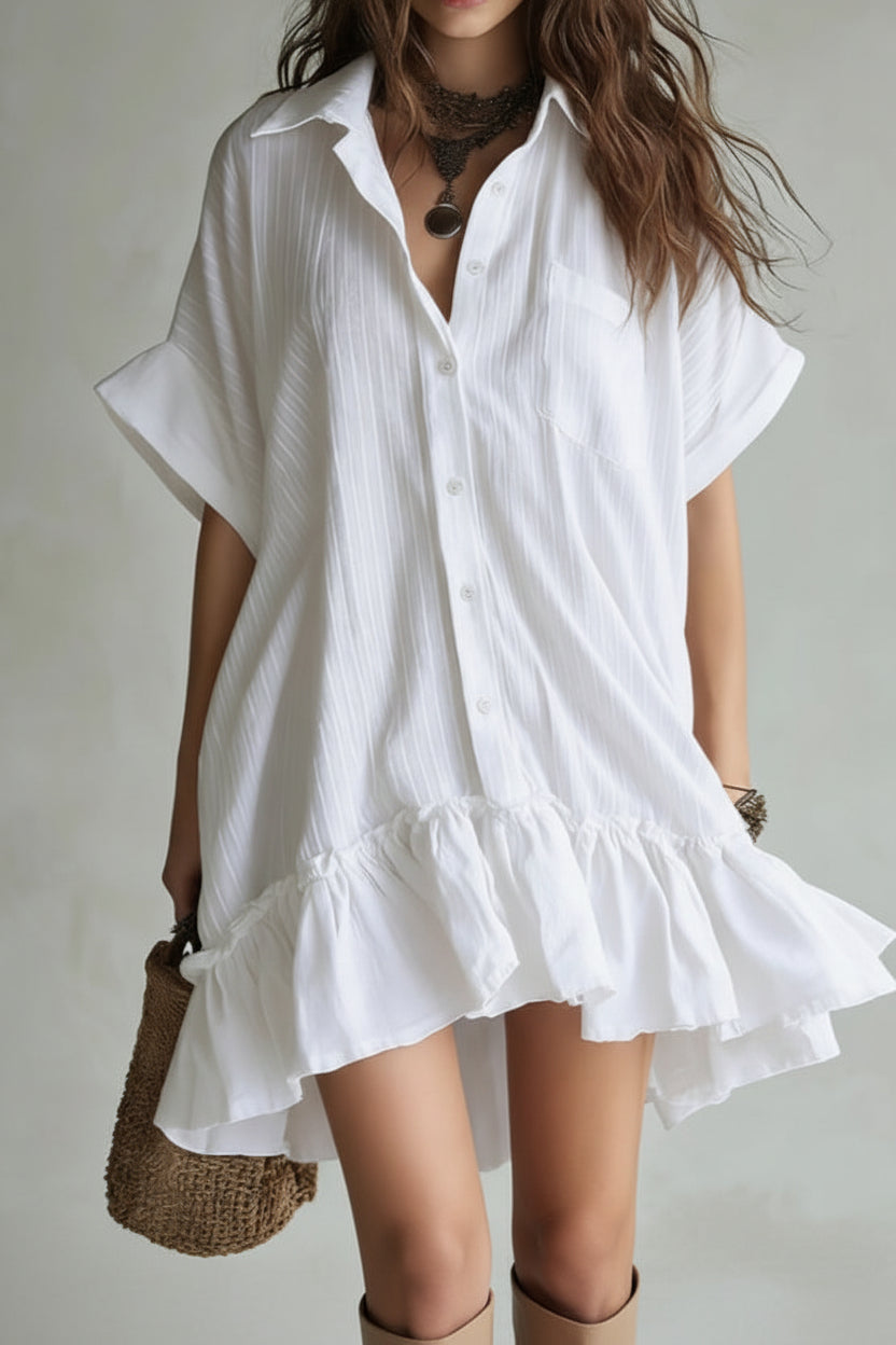Collared Loose Short-Sleeved Ruffled Shirt Dress