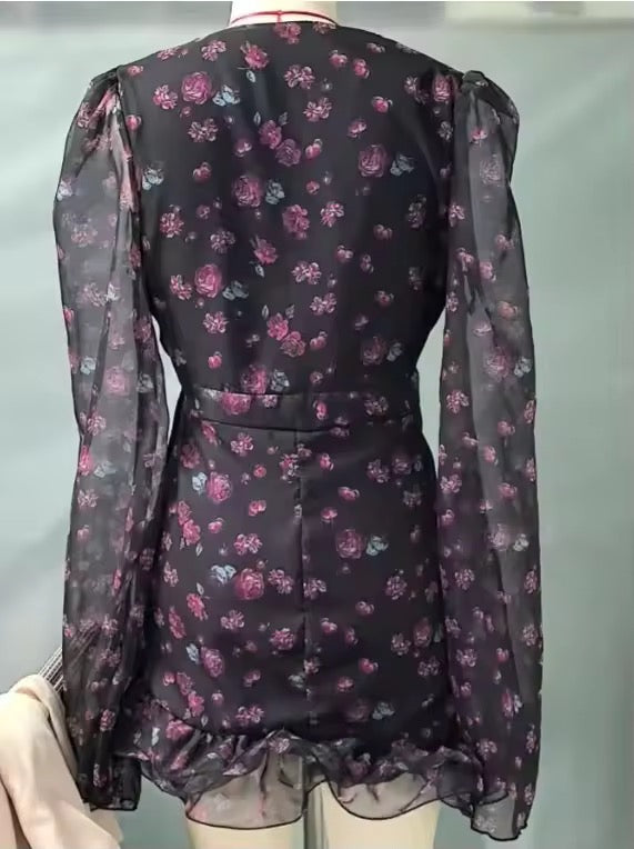 Floral-print Ruffled Long-sleeve Dress For Women