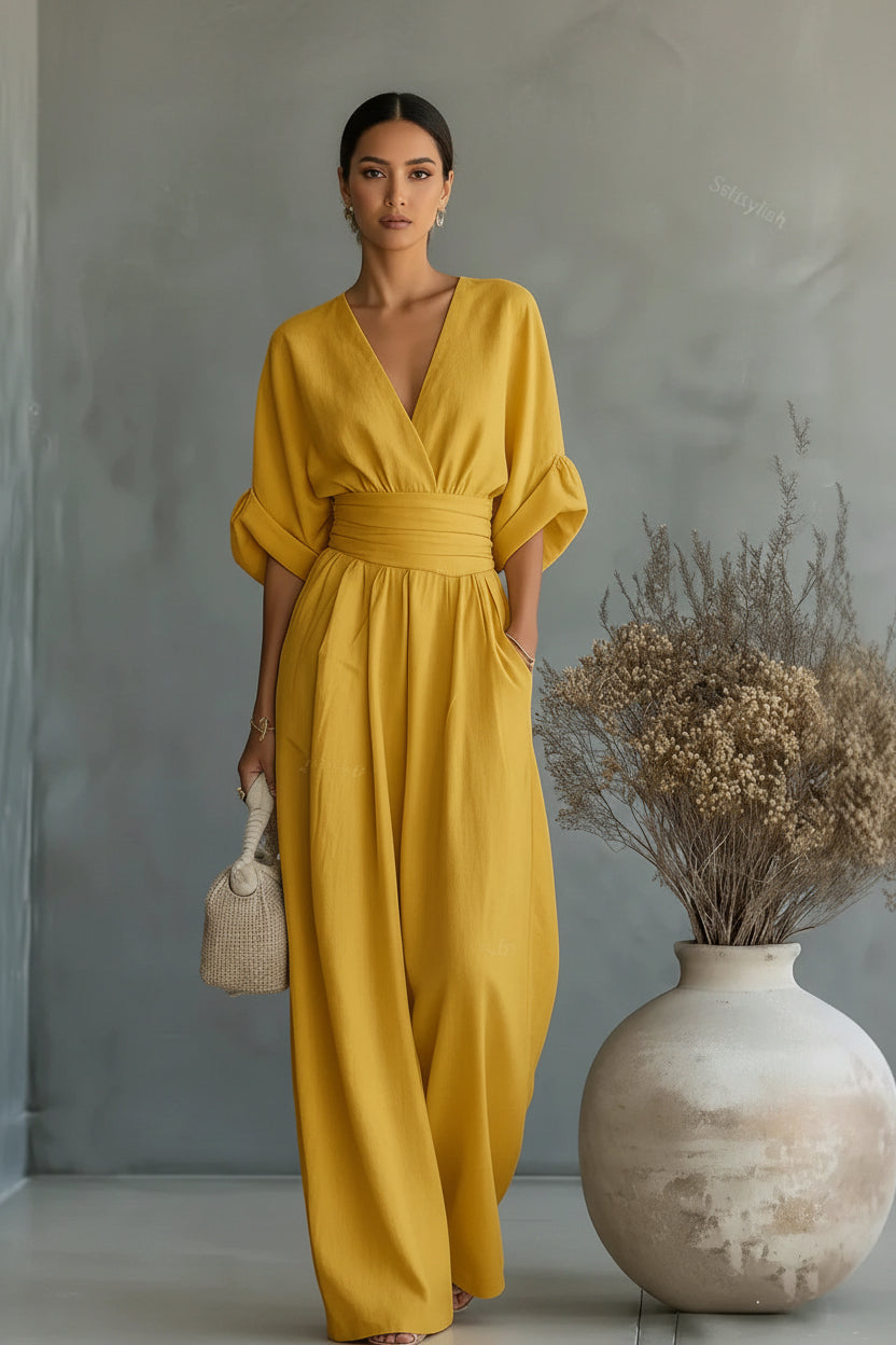 Summer Short-sleeved Jumpsuit Fashion Casual V-Neck Wide-Leg Pants Womens Clothing