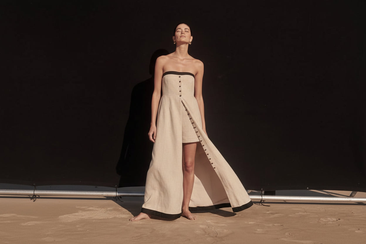 Linen Bandeau Long Top & Shorts Two-piece Set
