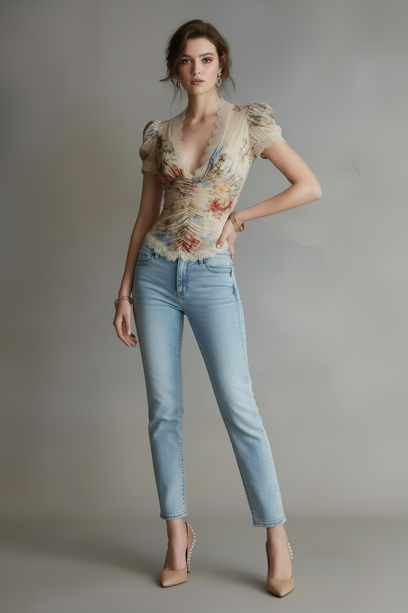 French Retro Style Lace Patchwork Printed Puff Sleeve Top For Women