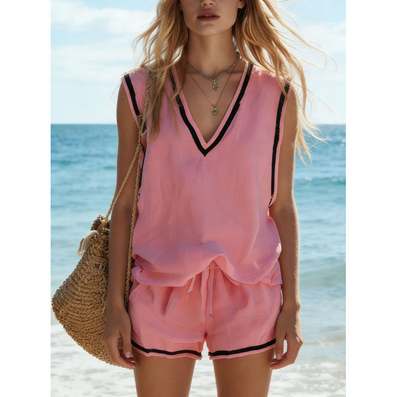 Women's V-neck Vest And Shorts Two-Piece Set