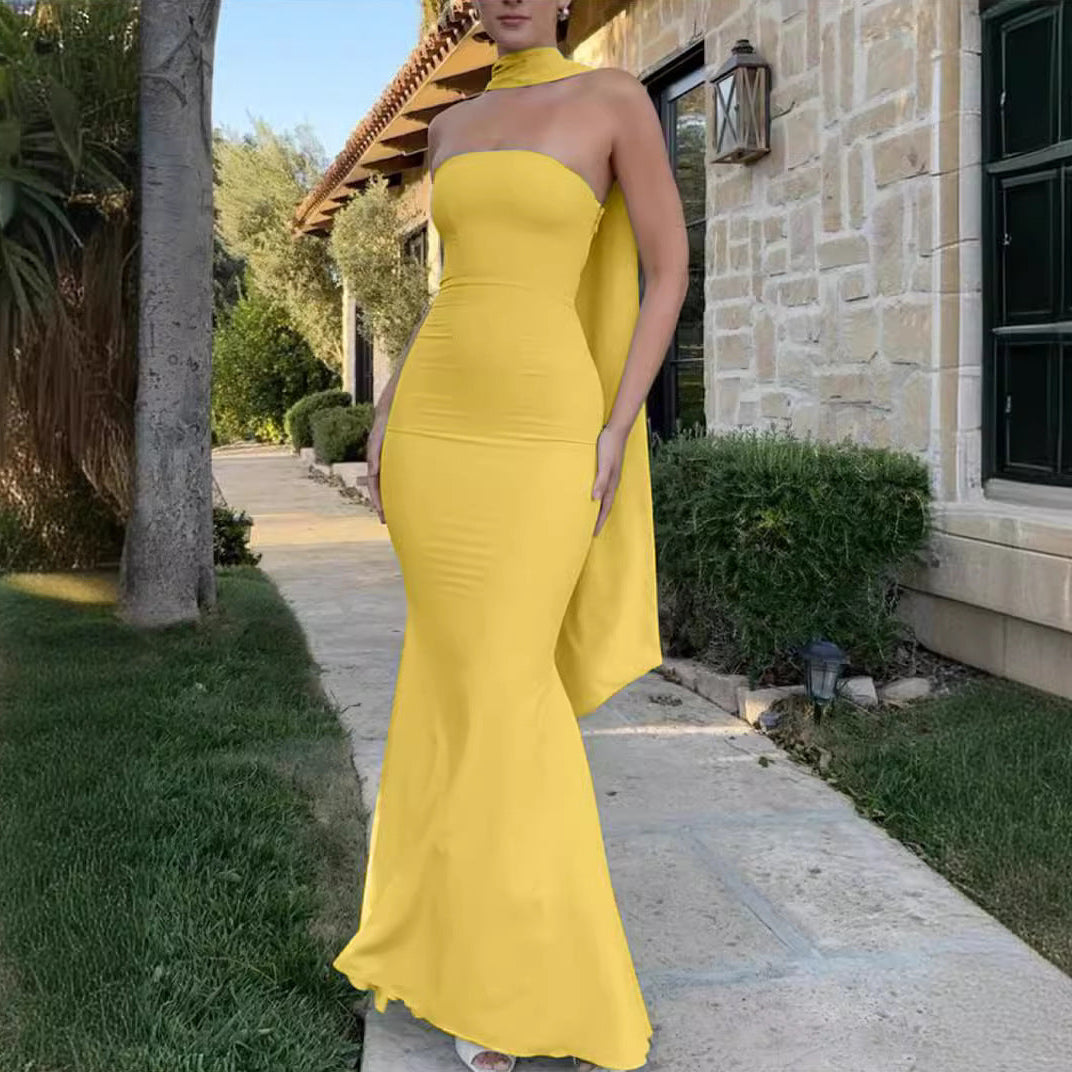 Slim-fit Sheath Fishtail Dress Solid Color Dress Skirt Shawl
