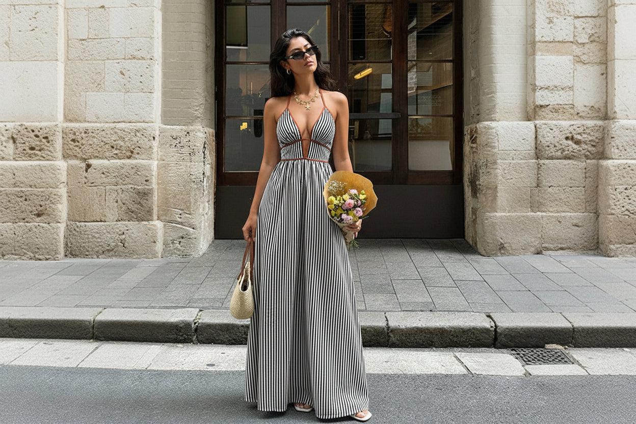 Deep V-neck Striped Resort Dress