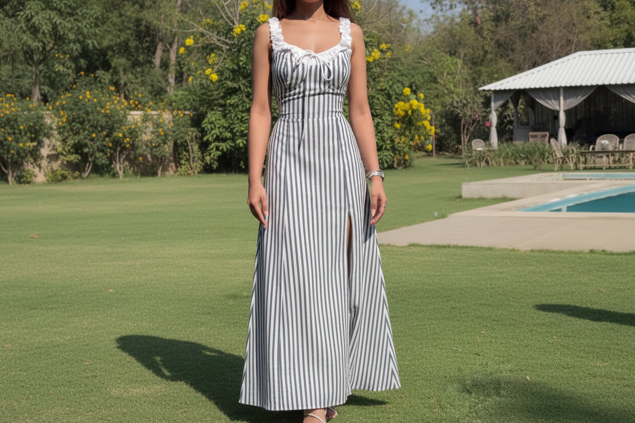Elegant Striped Tie Slit Dress