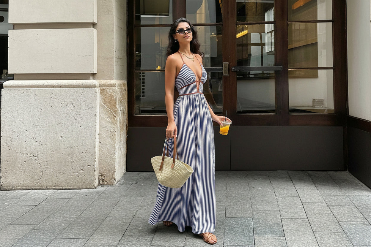 Deep V-neck Striped Resort Dress