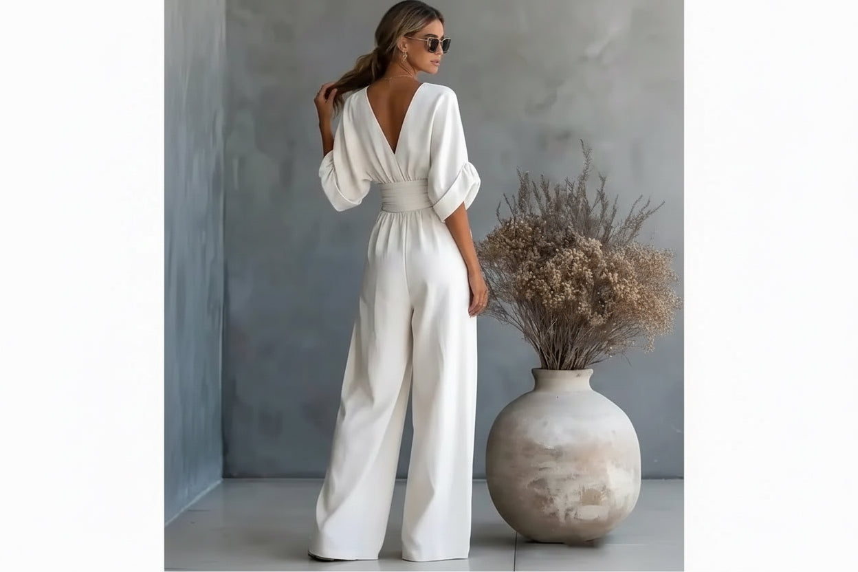 Summer Short-sleeved Jumpsuit Fashion Casual V-Neck Wide-Leg Pants Womens Clothing