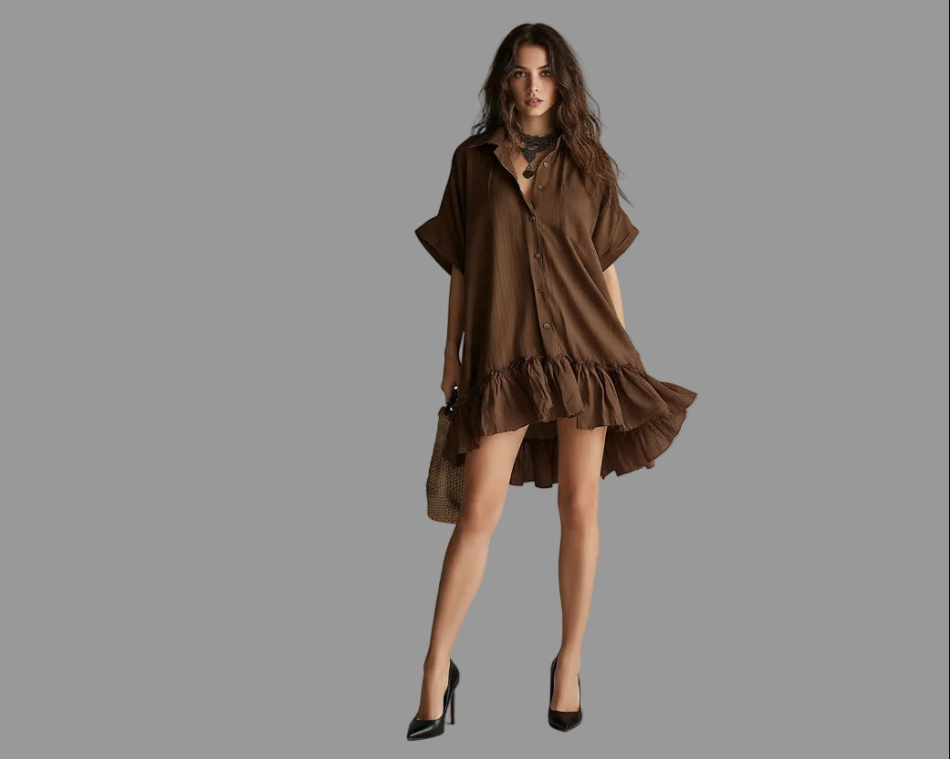 Collared Loose Short-Sleeved Ruffled Shirt Dress