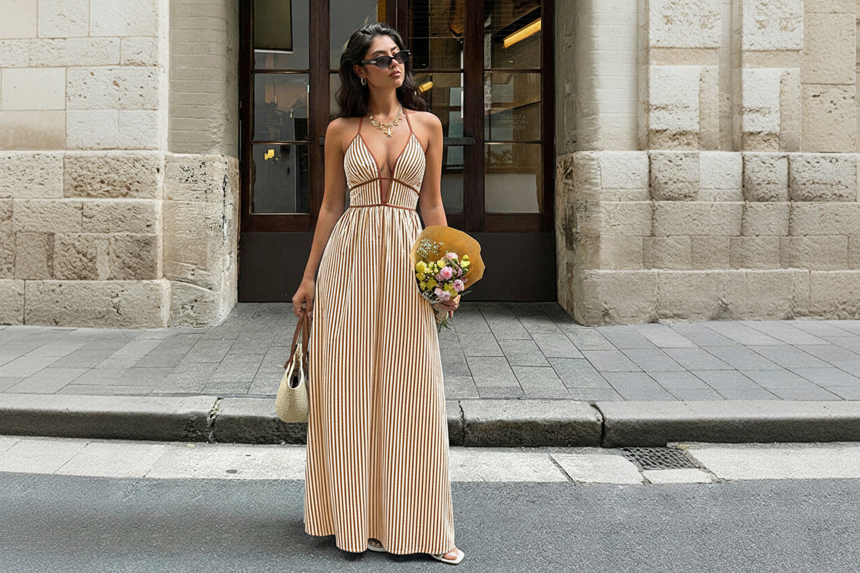 Deep V-neck Striped Resort Dress