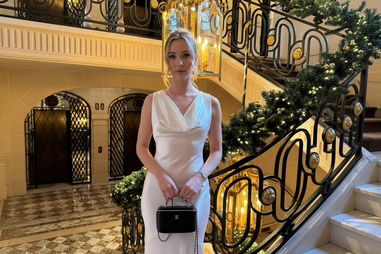 White Satin Draped Collar Backless Dress