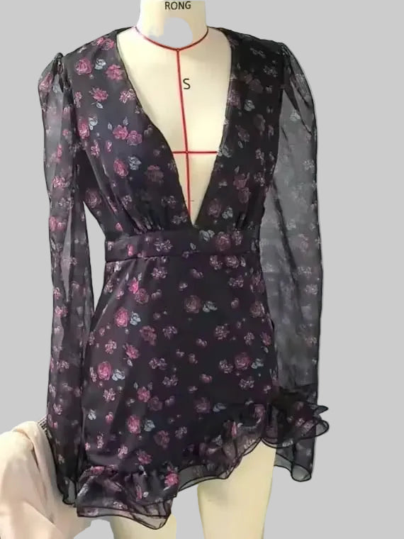 Floral-print Ruffled Long-sleeve Dress For Women