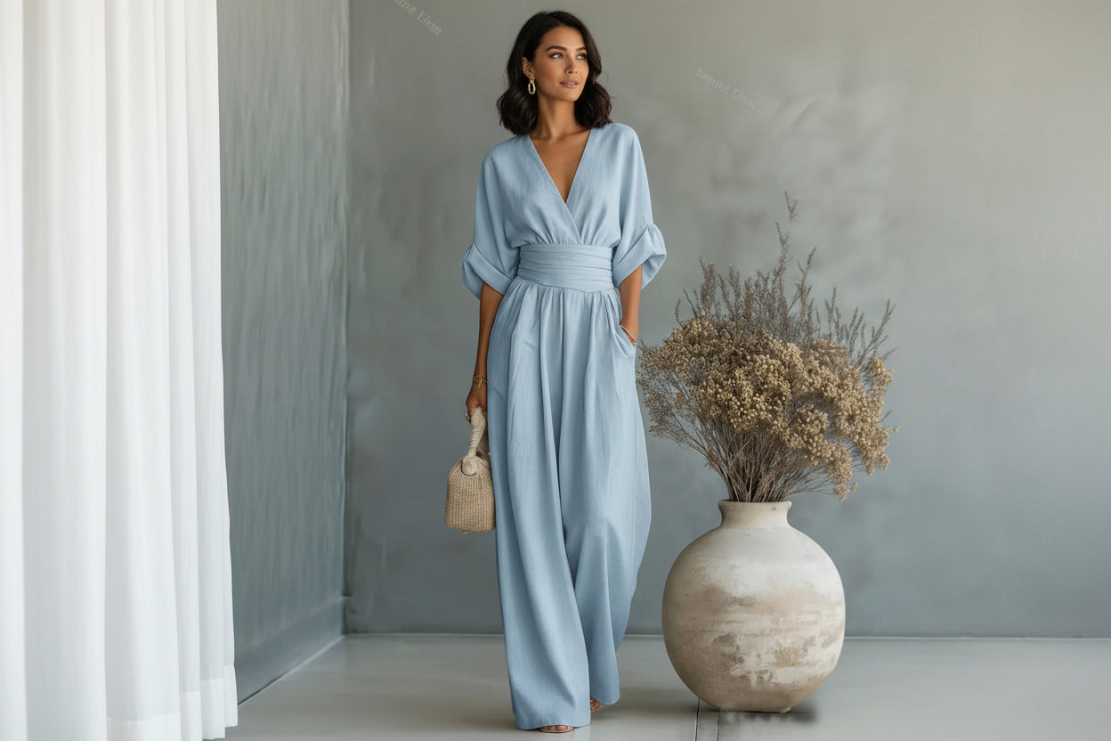 Summer Short-sleeved Jumpsuit Fashion Casual V-Neck Wide-Leg Pants Womens Clothing