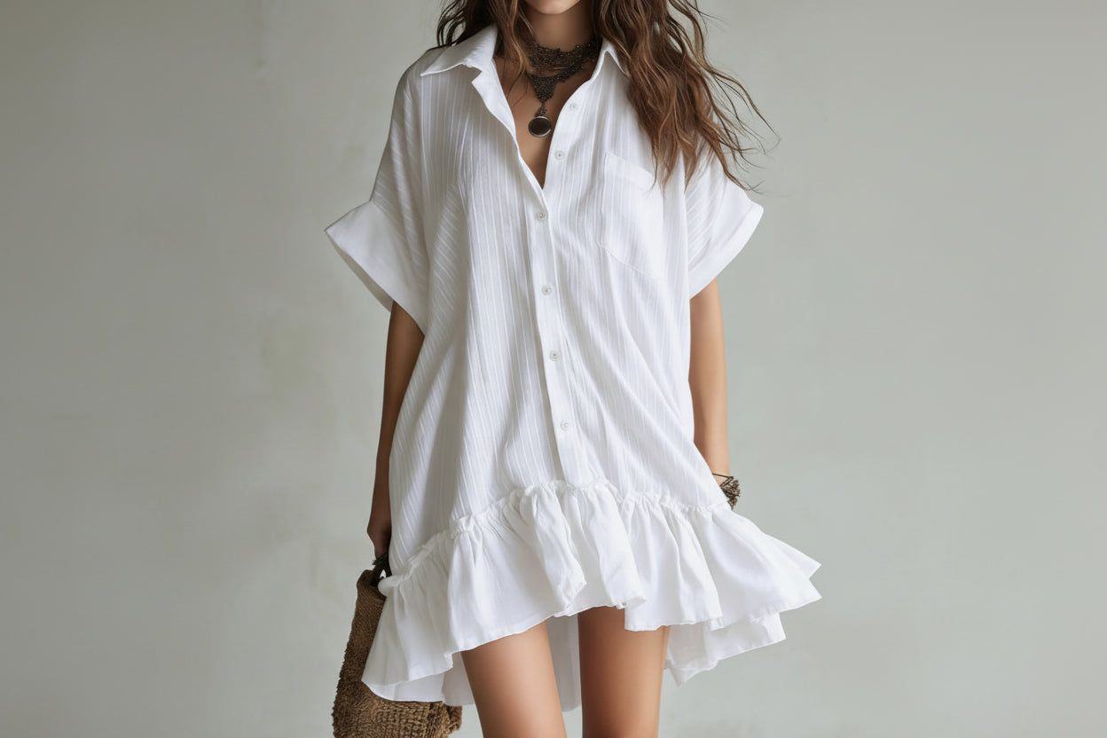 Collared Loose Short-Sleeved Ruffled Shirt Dress