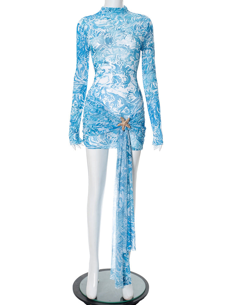 Women's Long Sleeve Printing Color Contrast Skinny Sheath Dress