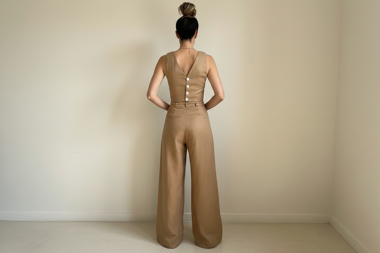 Khaki Button Back Vest & Wide Leg Pants Set