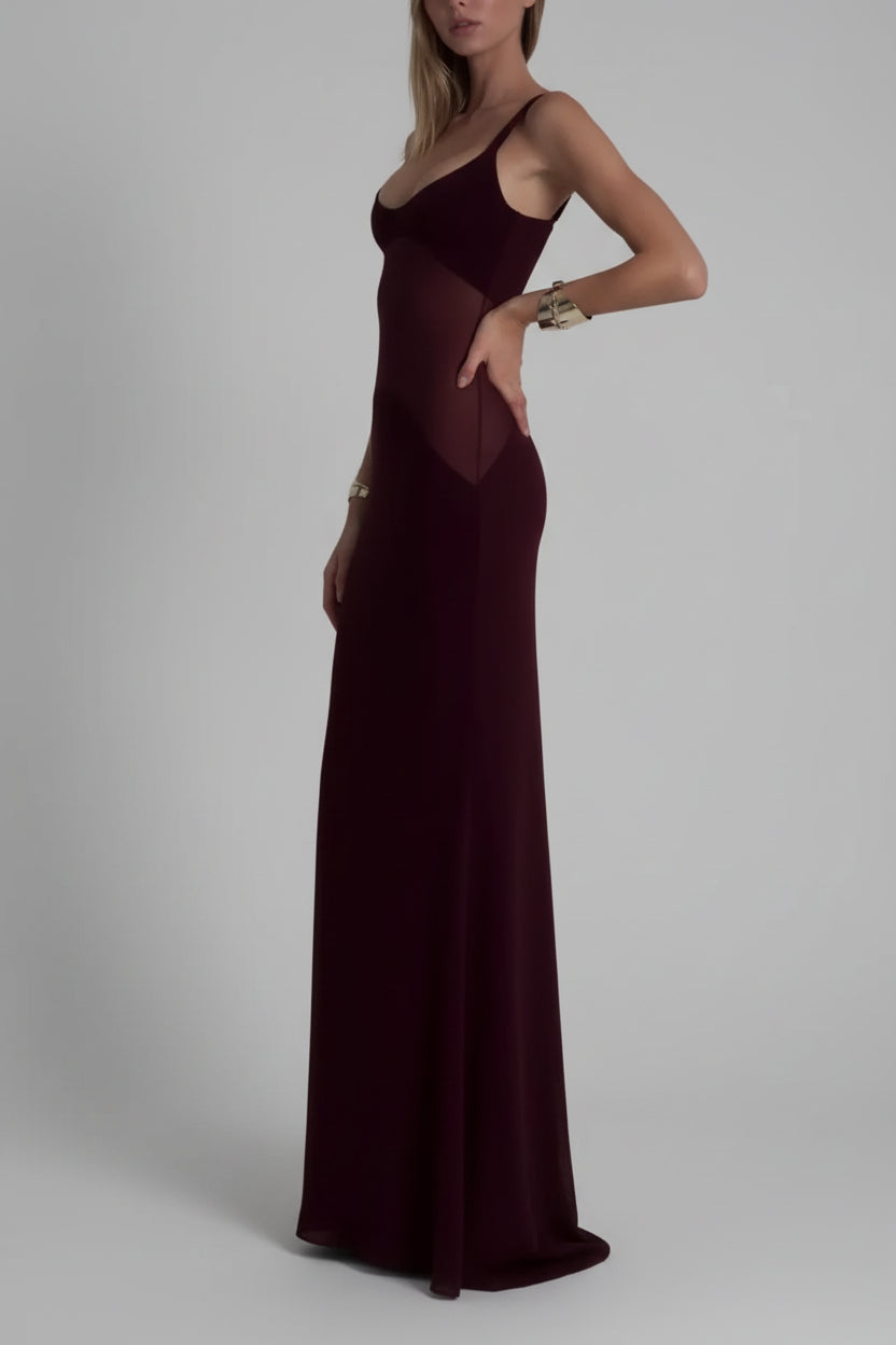 Burgundy Mesh Patchwork Suspender Dress