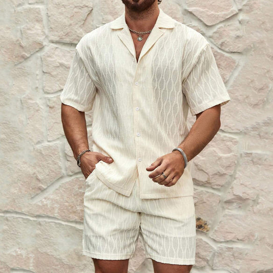 Note: only ship to United States        Men Tracksuits Summer Fashion Solid Loose Casual Two Pieces Lapel Button Shirt Shorts Beach Holiday All-match Outfits Male