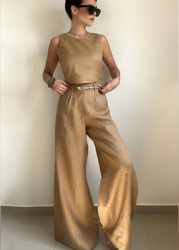 Khaki Button Back Vest & Wide Leg Pants Set