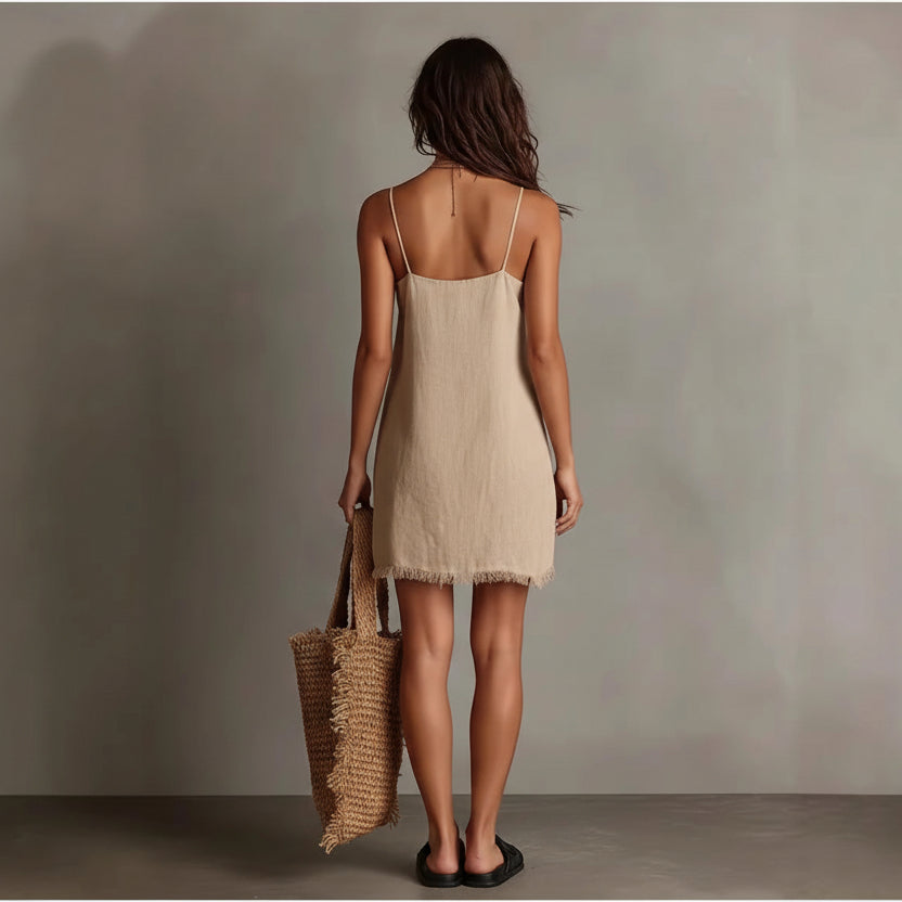 Womens V-neck Slip Mini Dress With Fringe Trim