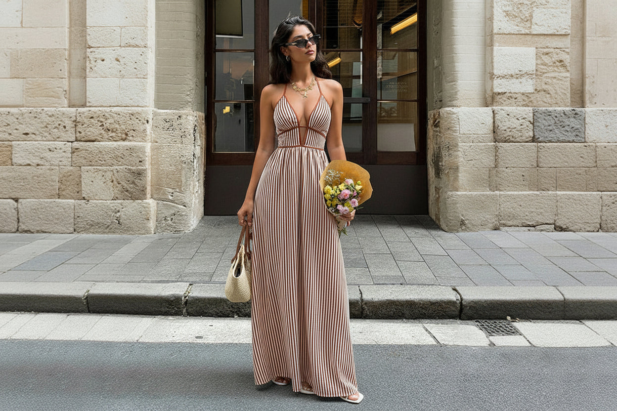 Deep V-neck Striped Resort Dress