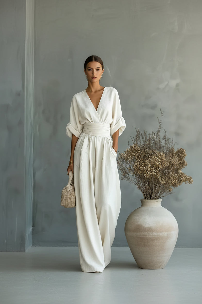 Summer Short-sleeved Jumpsuit Fashion Casual V-Neck Wide-Leg Pants Womens Clothing