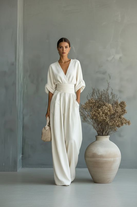Summer Short-sleeved Jumpsuit Fashion Casual V-Neck Wide-Leg Pants Womens Clothing