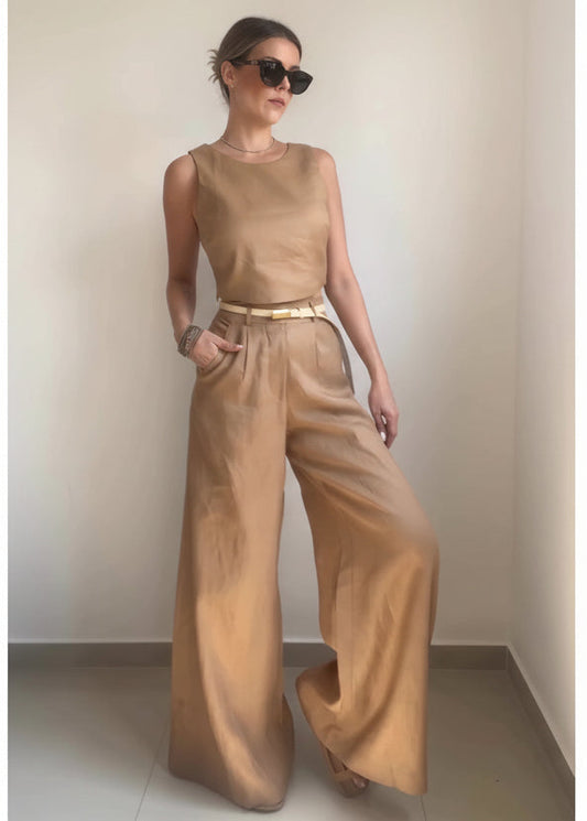 Khaki Button Back Vest & Wide Leg Pants Set