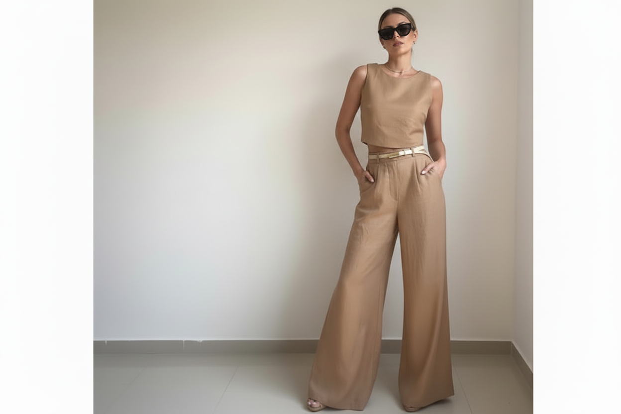 Khaki Button Back Vest & Wide Leg Pants Set