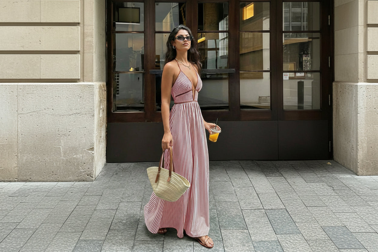 Deep V-neck Striped Resort Dress